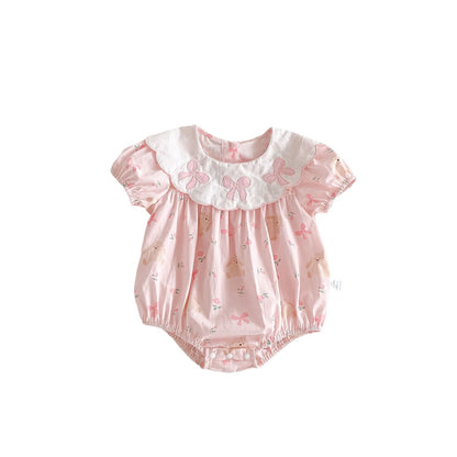 Summer Hot Selling Baby Girls Short Sleeves Teddy And Bows Pattern Pink Onesie