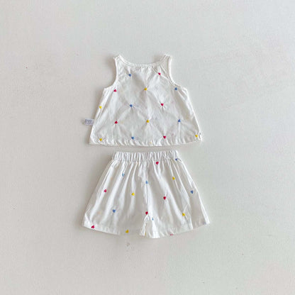 Summer Baby Kids Girls Sleeveless Hearts Embroidery Vest and Shorts Clothing Set, MyKids-USA®, Baby & Toddler Outfits, MyKids-USA - SIze/Age - 73 (6-9M) - Color - Beige -  -  - TR2603192351-A.