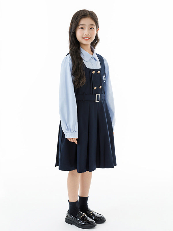 Arrival Autumn Kids Girls Long Sleeves Solid Color Shirt and Preppy Sleeveless Dress Clothing Set