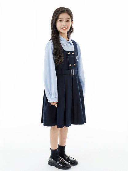 Arrival Autumn Kids Girls Long Sleeves Solid Color Shirt and Preppy Sleeveless Dress Clothing Set