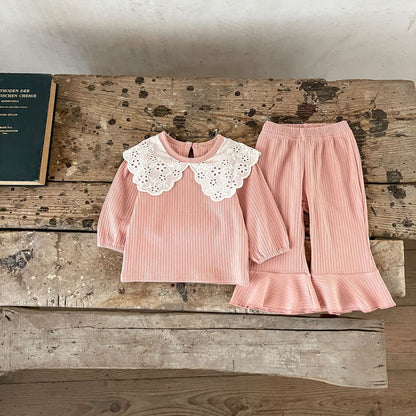 Spring Baby Kids Girls Hollow-Out Collar Top And Flared Pants Clothing Set