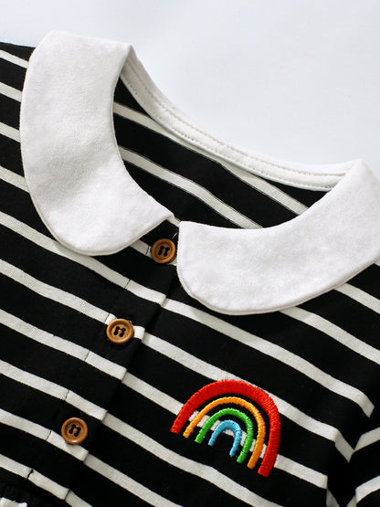 Baby Girls Peter Pan Collar Short Sleeves Striped Rainbow Logo Dress