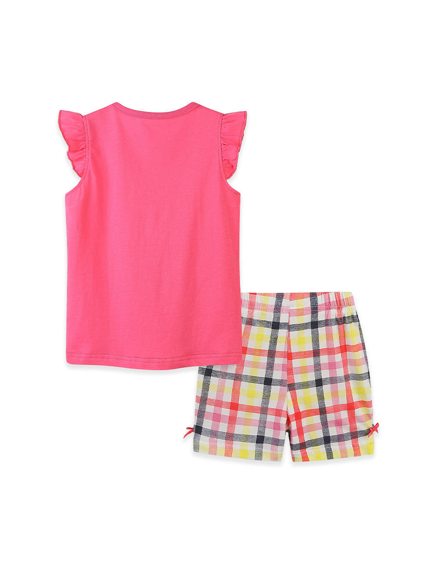 Arrival Summer Baby Kids Girls Fly Sleeves Cartoon Pattern T-shirt and Plaid Shorts Clothing Set