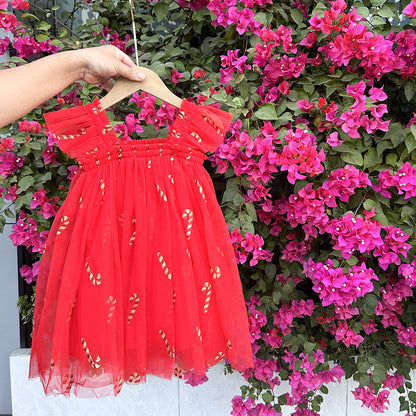 Summer Arrival Baby Girls Fly Sleeves Stars and Christmas Pattern Tulle Dress, MyKids-USA®, Baby & Children's Dresses, MyKids-USA - Size/Age - 80 (9-12M) - Color - Gold -  -  - TR2605072341-C.