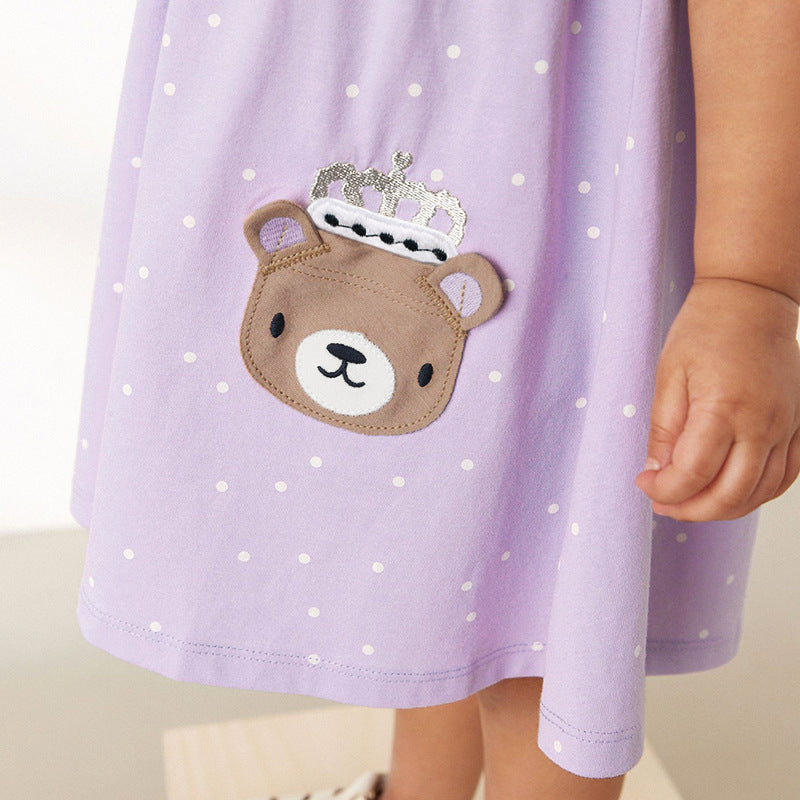 Summer Baby Kids Girls Short Sleeves Purple Dress With White Dots