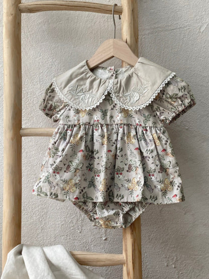 Summer Arrival Baby Girls Short Sleeves Vintage Flowers Pattern Bodysuit Dress