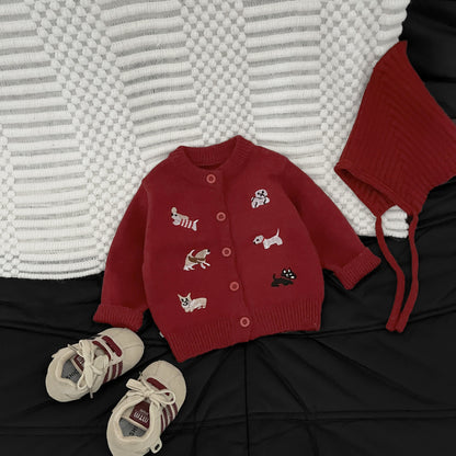 Autumn and Winter Arrival Baby Kids Unisex Puppy Cartoon Embroidery Pattern Long Sleeves Casual Cardigan