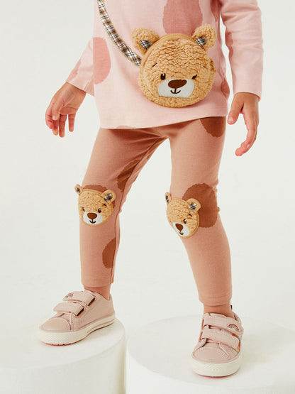 Spring Girls Teddy Bear Pocket Bag Top Sweatshirt And Pants 2-Piece Set