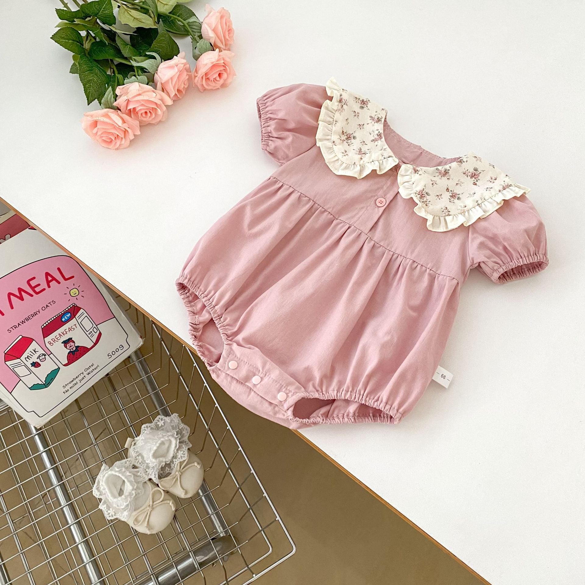Summer Arrival Baby Girls Short Sleeves Thin Floral Pattern Collar Pink Onesies, MyKids-USA®, Baby One-Pieces, MyKids-USA -  -  -  -  -  -  - 