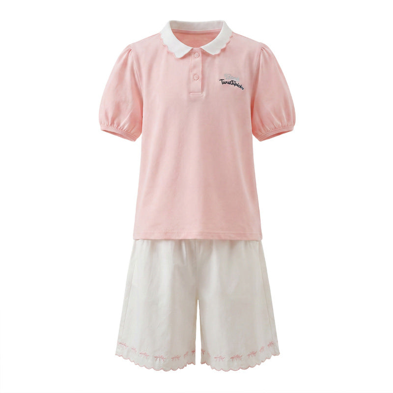 Arrival Summer Baby Kids Girls Short Sleeves Embroidered Pattern Polo Shirt and Shorts Sets
