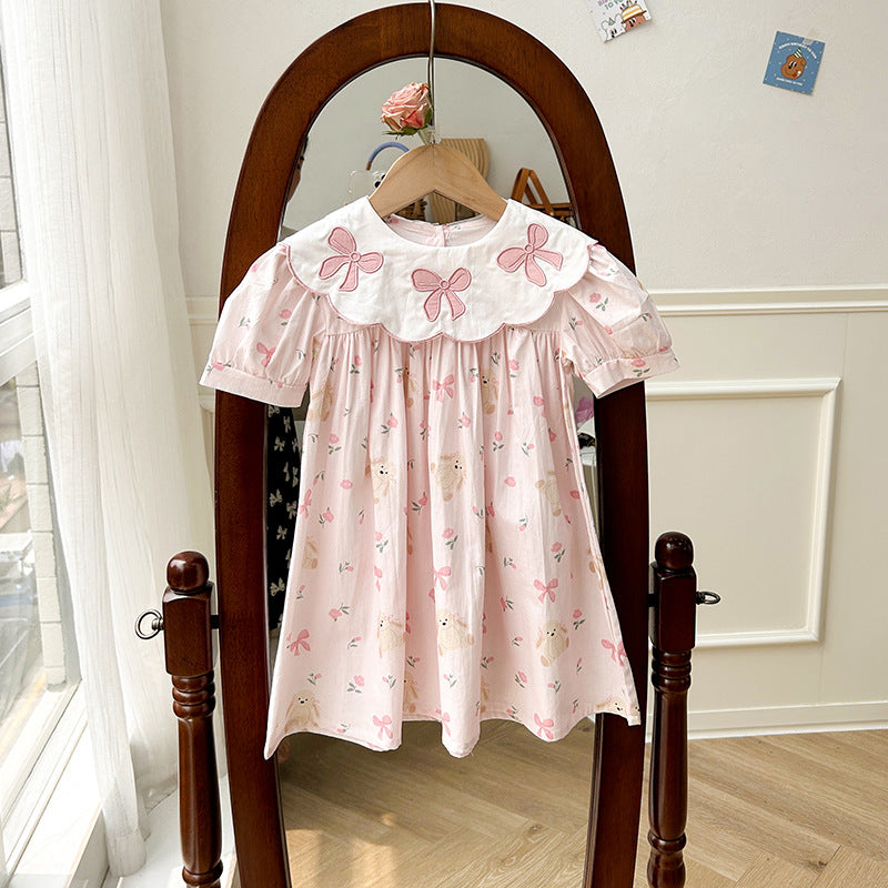 Summer Baby Kids Girls Short Sleeves Floral Teddy Print Embroidery Collar Princess Dress