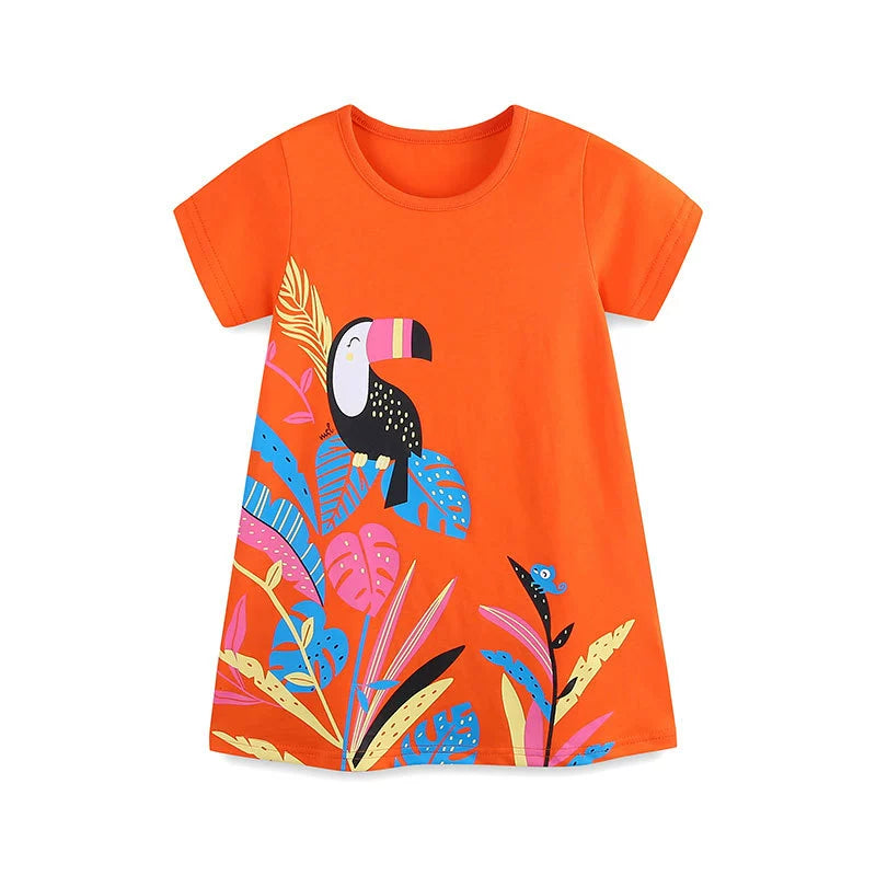 Summer Hot Selling Cute Bird Cartoon Pattern Short Sleeves Dress for Stylish Girls, MyKids-USA®, Baby & Toddler Dresses, MyKids-USA - Size/Age - 90 (12-24M) - Color - Orange -  -  - TR2506201758-A