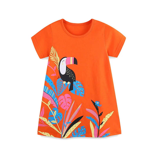 Summer Hot Selling Cute Bird Cartoon Pattern Short Sleeves Dress for Stylish Girls, MyKids-USA®, Baby & Toddler Dresses, MyKids-USA - Size/Age - 90 (12-24M) - Color - Orange -  -  - TR2506201758-A