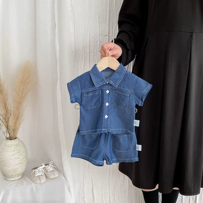 Summer Hot Selling Baby Kids Boys Short Sleeves Denim Single Breasted Top and Shorts Clothing Set, MyKids-USA®, Baby & Toddler Outfits, MyKids-USA - Size/Age - 73 (6-9M) - Color - Navy Blue (Dark Blue) -  -  - TR2506122038-B