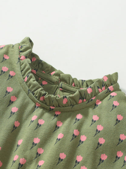 Baby Girls Flowers Print Army Green Sleeveless Dress