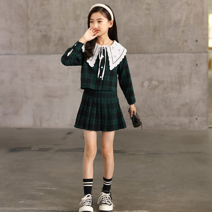 Arrival Autumn Kids Girls Long Sleeves Color Patchwork Plaid Top and Skirt Sets