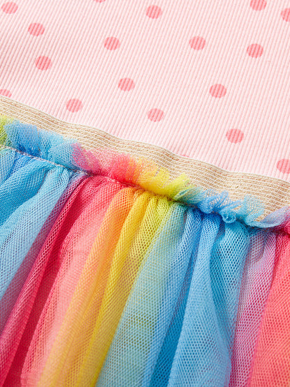 Spring And Summer Baby Girls Short Sleeves Polka Dots Rainbow Chiffon Dress