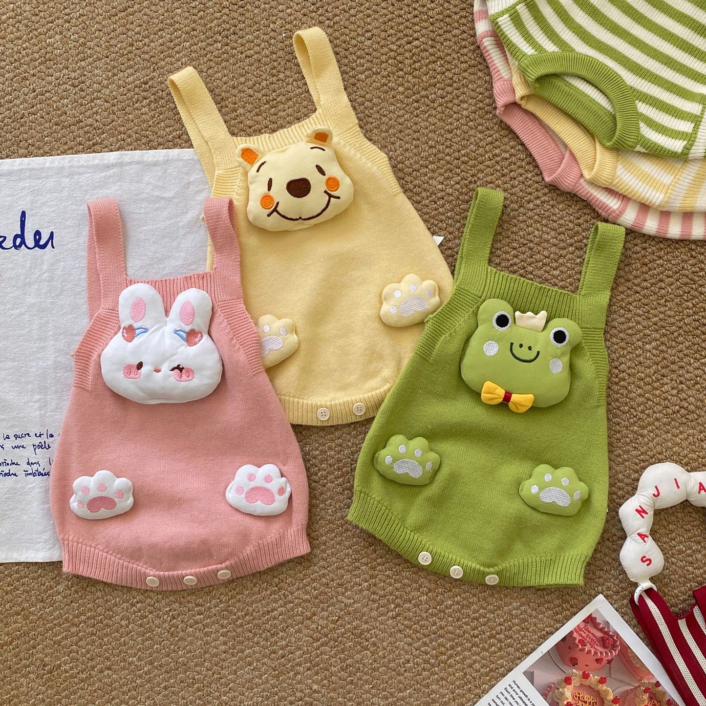 Baby Kids Unisex Long Sleeves Striped Pattern Top and Cartoon Bodysuit Overalls Knitted Clothing Set, MyKids-USA®, Baby & Toddler Outfits, MyKids-USA -  -  -  -  -  -  - .