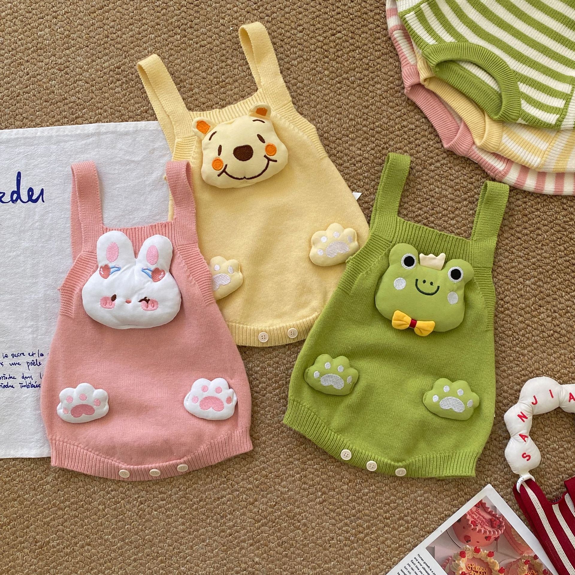 Baby Kids Unisex Long Sleeves Striped Pattern Top and Cartoon Bodysuit Overalls Knitted Clothing Set, MyKids-USA®, Baby & Toddler Outfits, MyKids-USA -  -  -  -  -  -  - .