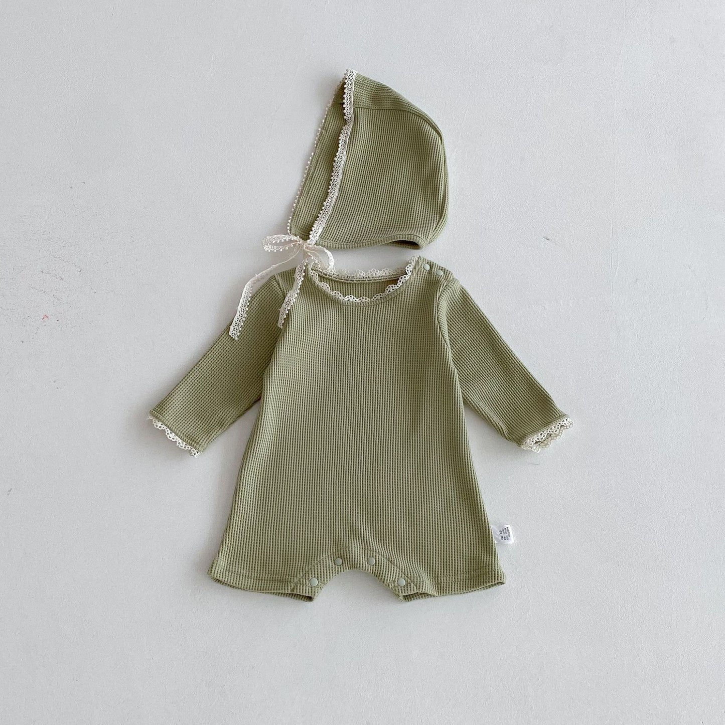 Autumn Arrival Baby Unisex Long Sleeves Lace Trim Decorated Waffle Grid Onesies with Hat, MyKids-USA®, Baby One-Pieces, MyKids-USA - Size/Age - 66 (3-6M) - Color - Green -  -  - TR2509192353-B