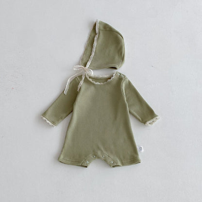 Autumn Arrival Baby Unisex Long Sleeves Lace Trim Decorated Waffle Grid Onesies with Hat, MyKids-USA®, Baby One-Pieces, MyKids-USA - Size/Age - 66 (3-6M) - Color - Green -  -  - TR2509192353-B