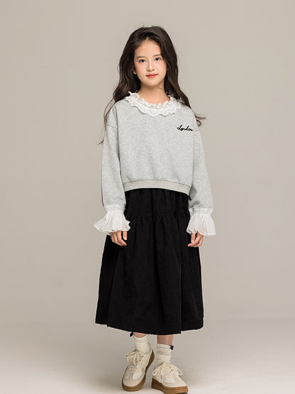 Arrival Autumn Kids Girls Long Sleeves Letters Pattern Lace Trim Top and Black Skirt Sets