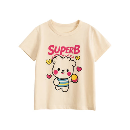 Summer Girls’ Cartoon Teddy and Letters Pattern Printed T-shirt in European and American Style, MyKids-USA®, Baby & Toddler Tops, MyKids-USA - Size/Age - 90 (12-24M) - Color - Beige -  -  - TR2506161629-A