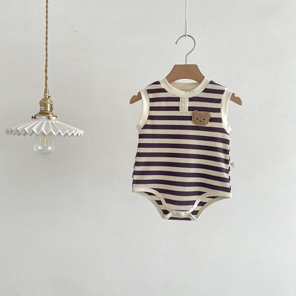 Summer Arrival Cheap Baby Unisex Casual Teddy Bear and Striped Pattern Sleeveless Onesies, MyKids-USA®, Baby One-Pieces, MyKids-USA - Size/Age - 66 (3-6M) - Color - Grey -  -  - TR250616186-C