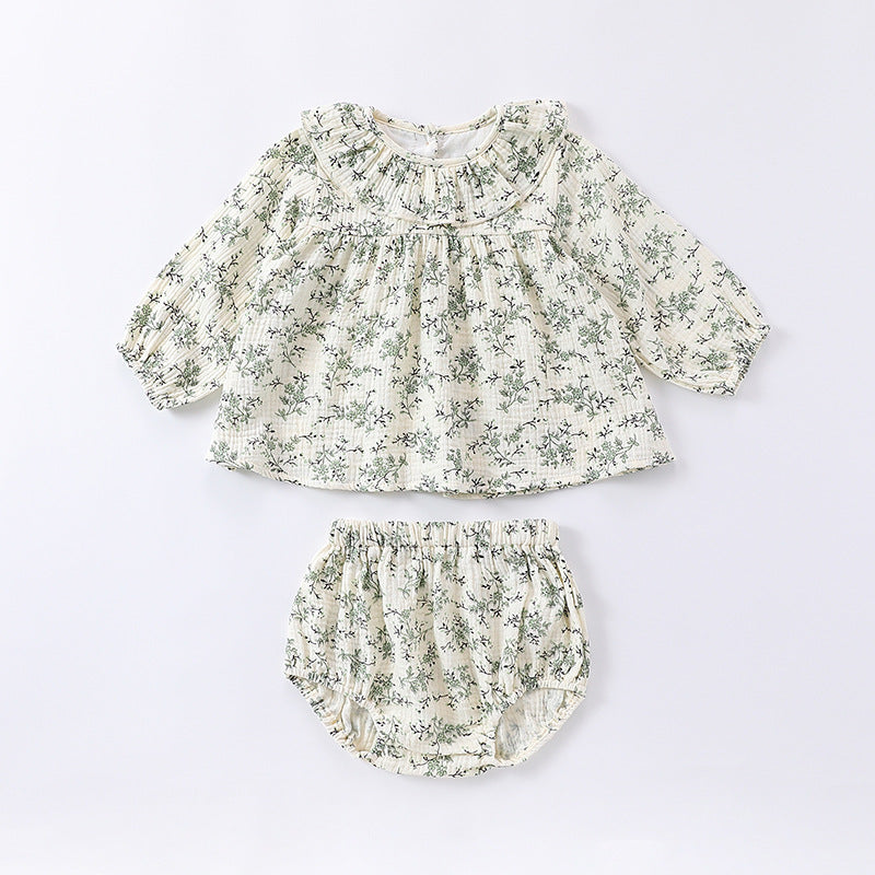 Spring And Autumn Baby Girls Floral Printing Long Sleeves Ruffle Collar Top Shirt And Shorts Clothing Sets