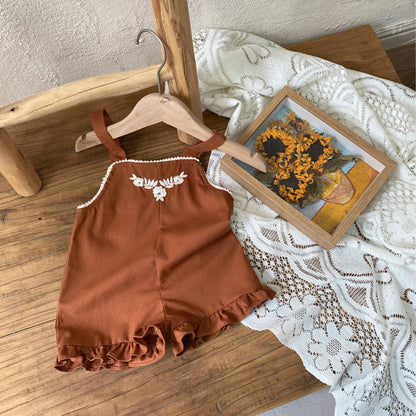 Summer Arrival Baby Girls Sleeveless Embroidery Pattern Lace Trim Overalls