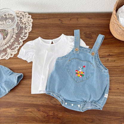 Summer Hot Selling Baby Kids Unisex Sleeveless Denim Blue Strap Onesies Overalls, White T-Shirt and Hat Clothing Set, MyKids-USA®, Baby & Toddler Outfits, MyKids-USA -  -  -  -  -  -  - 