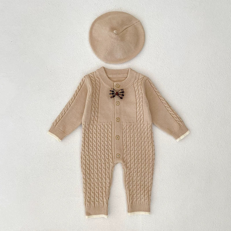 Autumn Arrival Unisex Baby’s Solid Color Geometric Jacquard Pattern Knitted Rompers with Butterfly-bow, MyKids-USA®, Baby One-Pieces, MyKids-USA - Size/Age - 66 (3-6M) - Color - Beige -  -  - TR2507242056-A
