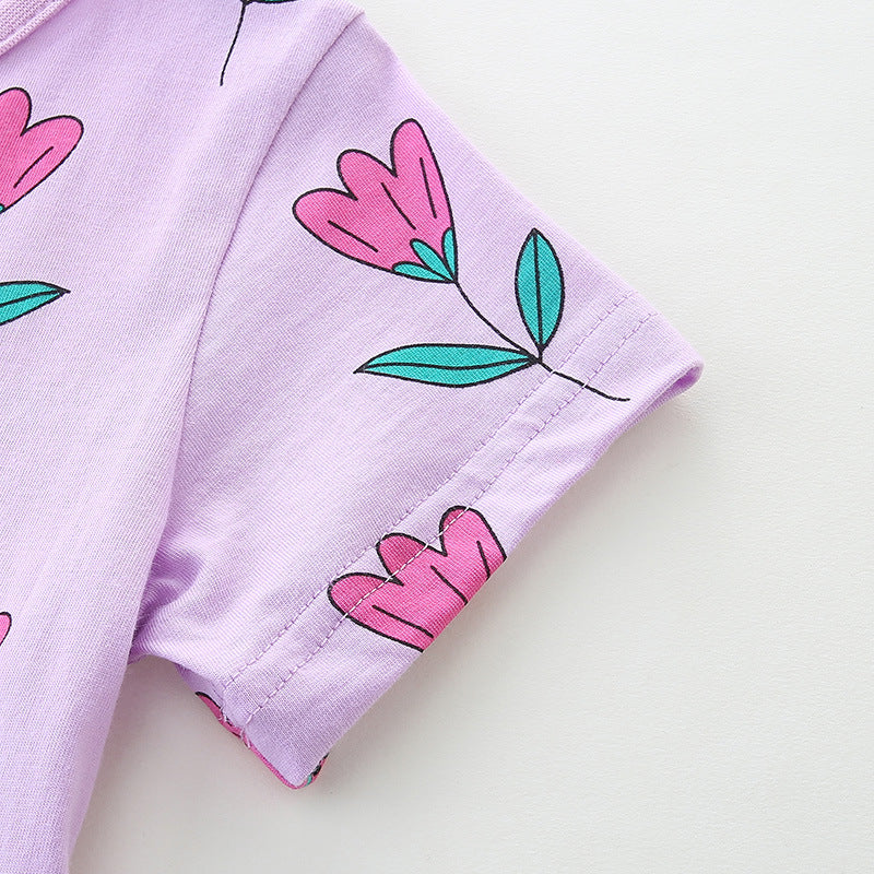 Summer New Arrival Girls’ Purple Flowers Pattern Short Sleeves Dress