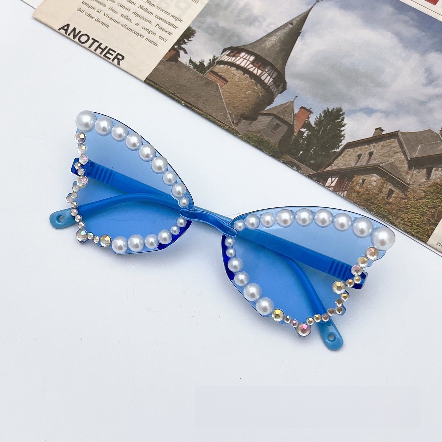 Trendy Butterfly Frame Sunglasses – Pearl-Adorned Party Sunglasses for Girls, MyKids-USA®, Sunglasses, MyKids-USA - Size/Age - Average Size (0-12Y） - Color - Blue -  -  - TR2601281022-B.