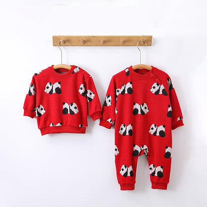 Cute Pandas Pattern Adorable Baby Crew Neck Knit Romper/ Pullover Sweater