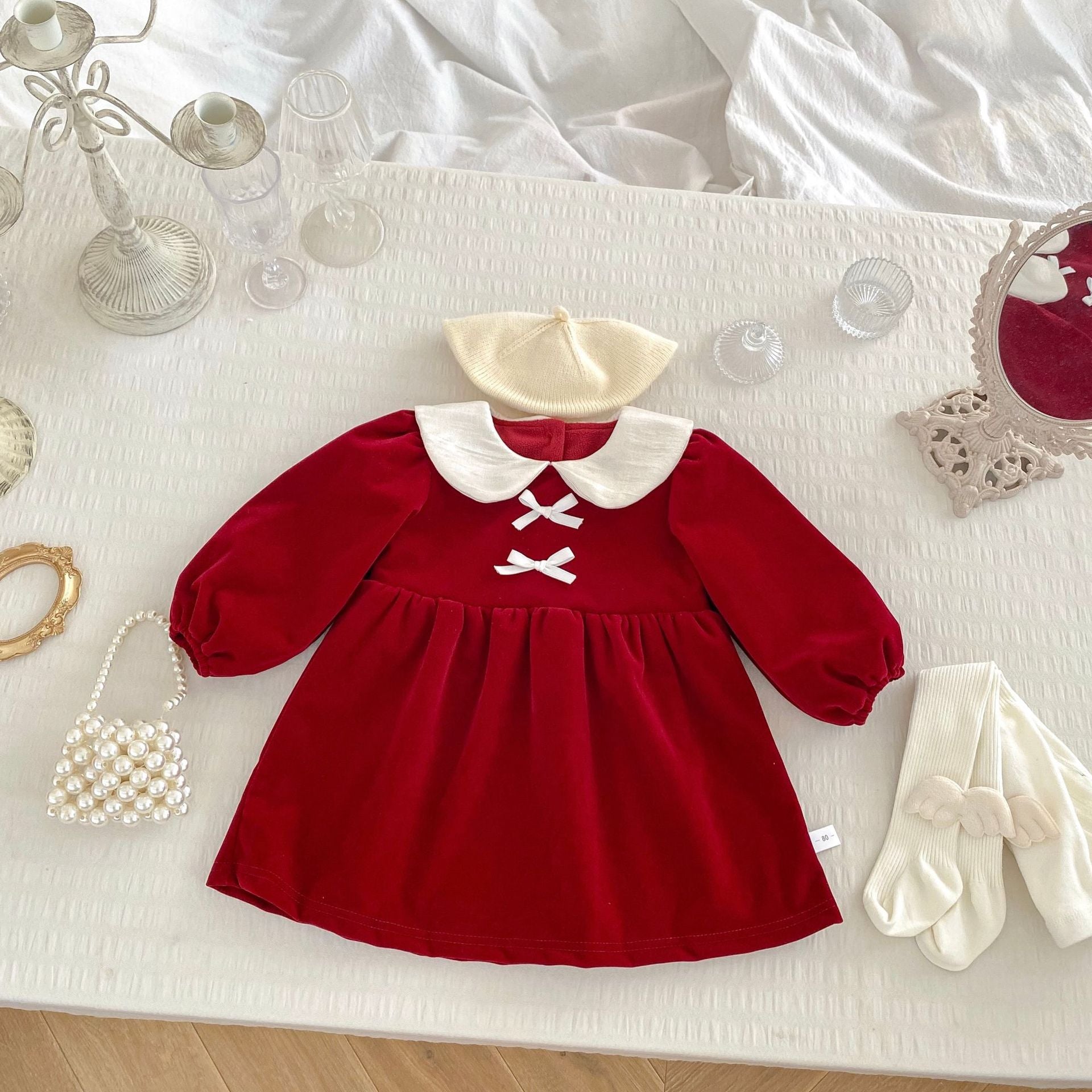 Autumn and Winter Arrival Baby Girls Long Sleeves Peter Pan Collar Cozy Dress 80 (9-12M) / Red