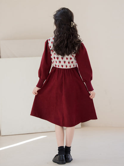 Autumn Arrival Long Sleeves Strawberry Pattern Knitted Dress for Stylish Girls