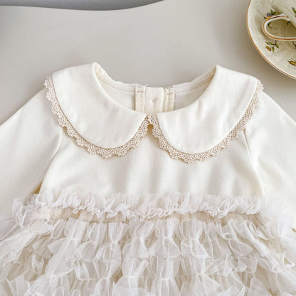 MyKids-USA® Autumn Arrival Baby Long Sleeves Cute Lace Trim Collar Ruffle Tulle Dress