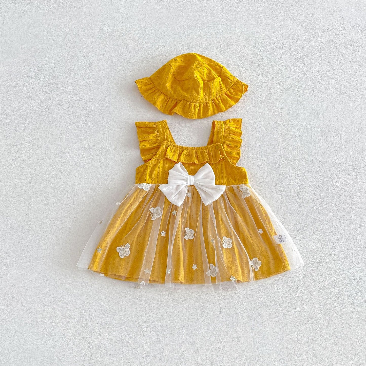 Summer Arrival Baby Girls Fly Sleeves Tulle Patchwork Dress with Hat, MyKids-USA®, Baby & Children's Dresses, MyKids-USA - Size/Age - 66 (3-6M) - Color - Yellow -  -  - TR2604272346-B.