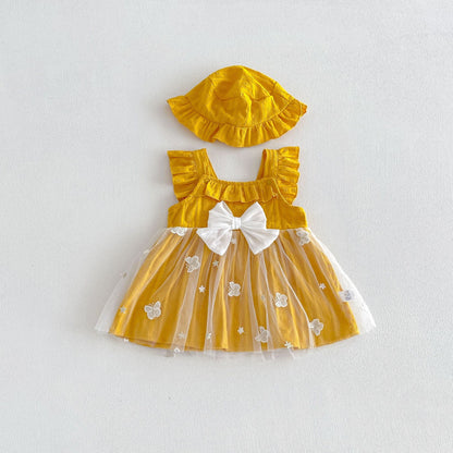 Summer Arrival Baby Girls Fly Sleeves Tulle Patchwork Dress with Hat, MyKids-USA®, Baby & Children's Dresses, MyKids-USA - Size/Age - 66 (3-6M) - Color - Yellow -  -  - TR2604272346-B.