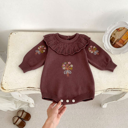 Autumn Design Baby Girls Flowers Embroidery Pattern Long Sleeves Ruffle Collar Knitted Onesies, MyKids-USA®, Baby One-Pieces, MyKids-USA - Size/Age - 66 (3-6M) - Color - Purple -  -  - TR2408222033-C