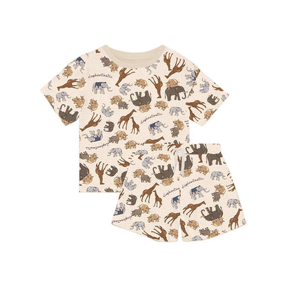 Summer Baby Kids Unisex Animals Print Short Sleeves Crew Neck Thin T-Shirt And Shorts Clothing Sets