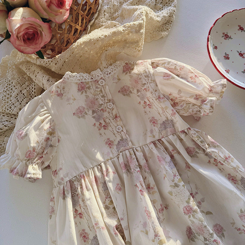 French Design Summer Baby Kids Girls Short Sleeves Square Neck Floral Dress