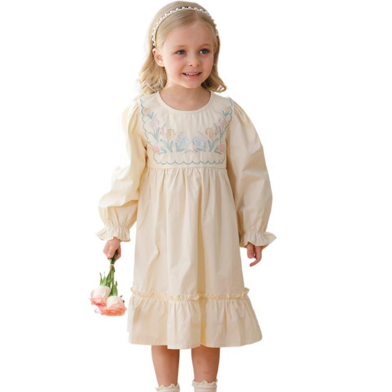 Arrival Autumn Girls French Style Crew Neck Long Sleeves Floral Embroidery Pattern Dress, MyKids-USA®, Baby & Toddler Dresses, MyKids-USA - Size/Age - 90 (12-24M) - Color - Beige -  -  - TR2408252052-A
