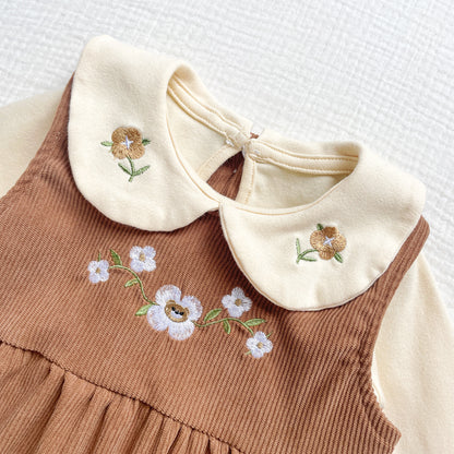 Brown Floral Embroidery Sleeveless Princess Onesie&Peter Pan Collar Top Set
