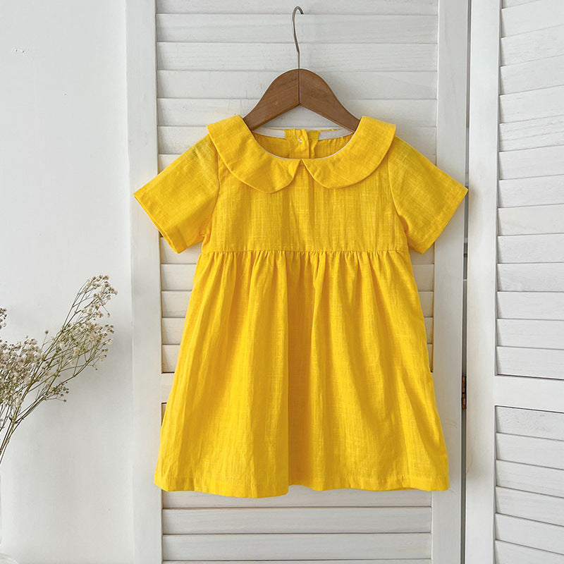 Summer Hot Selling Girls’ Solid Color Short Sleeves Peter Pan Collar Cotton Comfy Dress