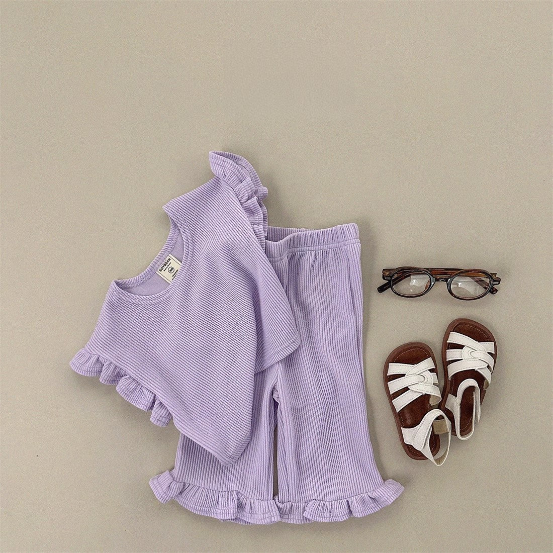 Summer Baby Kids Girls Solid Color Simple Casual Fly Sleeves T-Shirt And Pants Clothing Set
