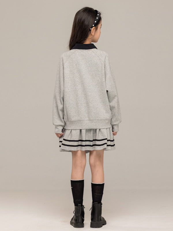 Arrival Autumn Kids Girls Long Sleeves Butterfly-bows Pattern Sweatshirt and Striped Skirt Sets