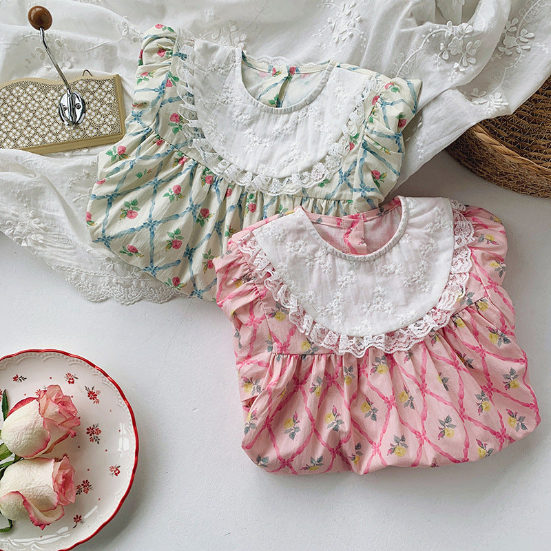 New Design Summer Baby Kids Girls Short Sleeves Argyle Floral Dress