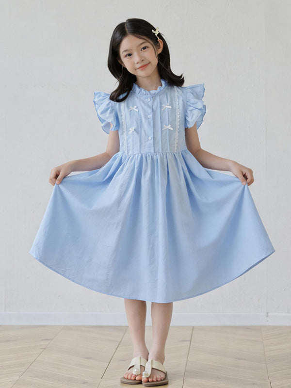 Summer Arrival Fly Sleeves Butterfly-bow and Lace Pattern Dress for Stylish Girls